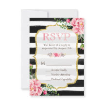 Romantic Floral Glitter B&W Striped RSVP