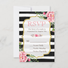 Romantic Floral Glitter B&W Striped RSVP Kaartje