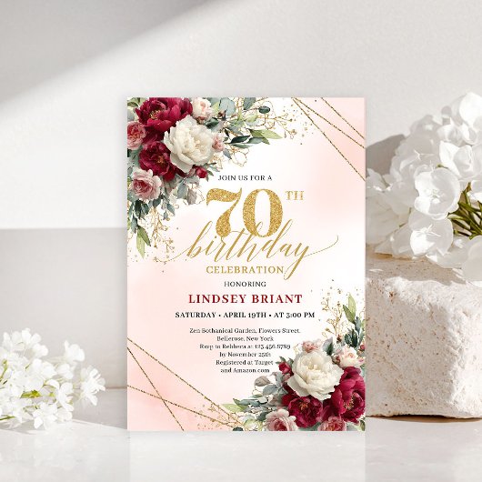 Romantic Floral Gold 70th Birthday Invitation Kaart