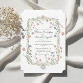 Romantic Floral Gold Frame Wedding Invitation Kaart
