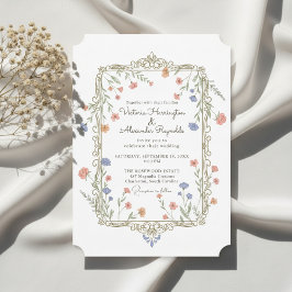 Romantic Floral Gold Frame Wedding Invitation Kaart