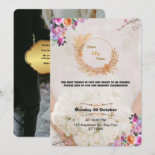 Romantic Floral Gold Wedding Invitation Kaart (Voorkant / Achterkant)