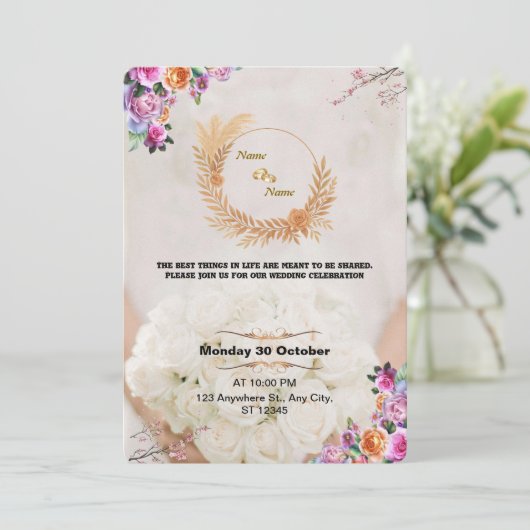 Romantic Floral Gold Wedding Invitation Kaart (Staand voorkant)