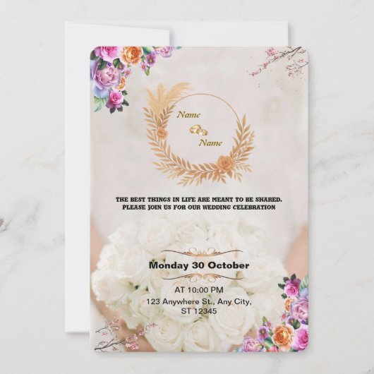 Romantic Floral Gold Wedding Invitation Kaart (Voorkant)