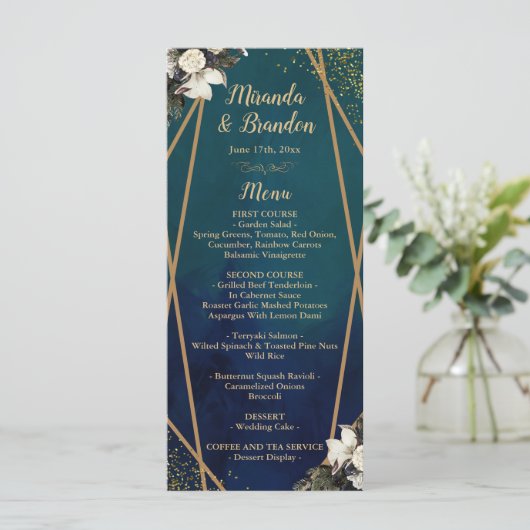 Romantic Floral Gold Wreat Wedding Menu Kaart (Staand voorkant)