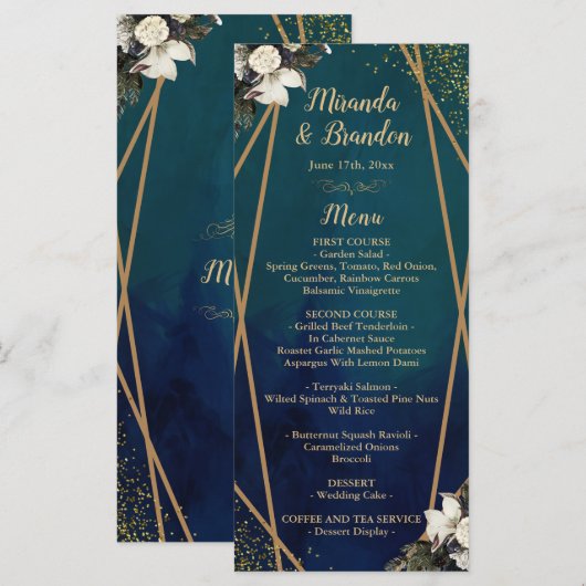 Romantic Floral Gold Wreat Wedding Menu Kaart (Voorkant / Achterkant)
