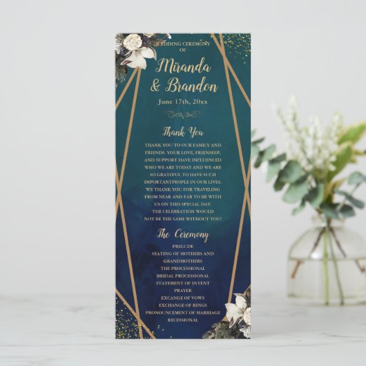 Romantic Floral Gold Wreat Wedding Program Kaart (Staand voorkant)