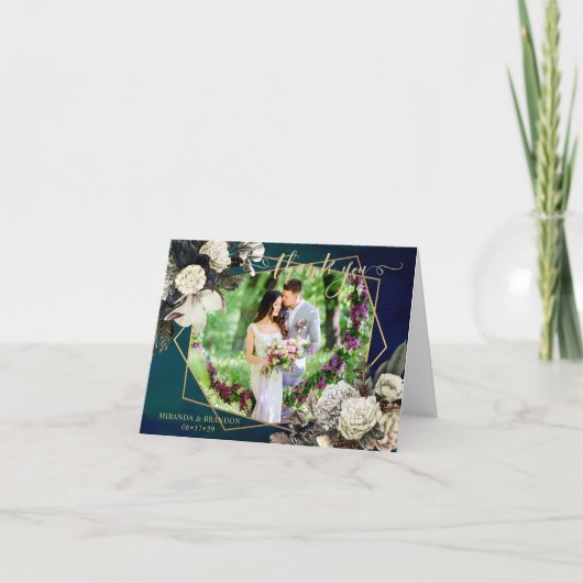 Romantic Floral Gold Wreatfoto Weddenschap Bedankkaart (Voorkant)
