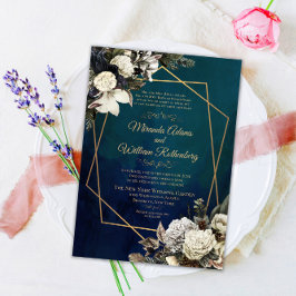 Romantic Floral Gold Wreath Wedding Kaart