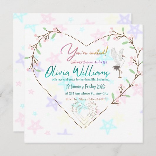 Romantic Floral Heart Bridal Shower Invitation | E Kaart (Voorkant / Achterkant)
