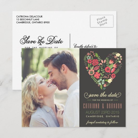 Romantic Floral Heart Photo Save the Date Briefkaa Aankondigingskaart (Voorkant / Achterkant)