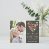 Romantic Floral Heart Photo Save the Date Briefkaa Aankondigingskaart (Staand voorkant)