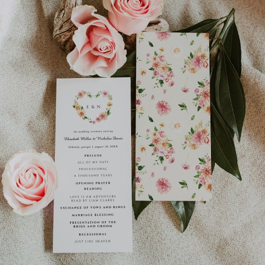 Romantic Floral Heart Wedding Ceremony Program Programmakaart