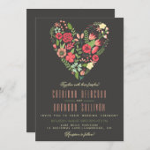 Romantic Floral Heart Wedding Invitation Kaart (Voorkant / Achterkant)