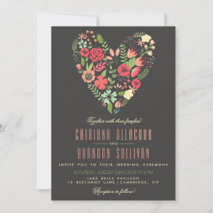 Romantic Floral Heart Wedding Invitation Kaart