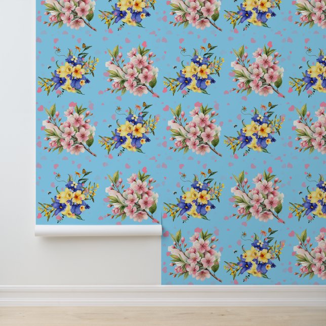 Romantic Floral Hearts Textured Vinyl Wallpaper Behang (Applicatie)
