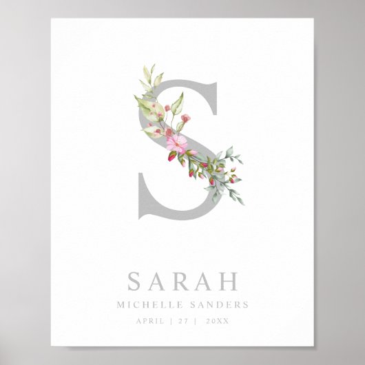 Romantic Floral Initialen voor Baby Girl in Roze Poster (Voorkant)