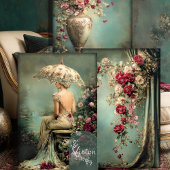 Romantic Floral, Lady & a Parasol, Matching Set Inpakpapier Vel