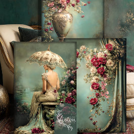 Romantic Floral, Lady & a Parasol, Matching Set Inpakpapier Vel