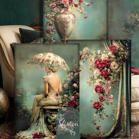 Romantic Floral, Lady & a Parasol, Matching Set Inpakpapier Vel