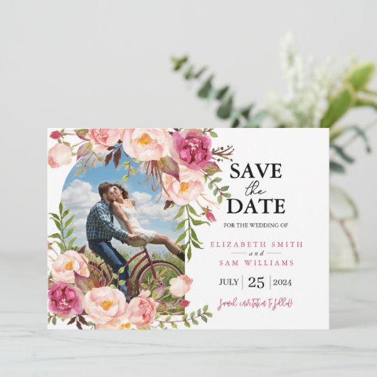 Romantic Floral Lijst Aangepaste foto Opslaan Datu Save The Date (Staand voorkant)