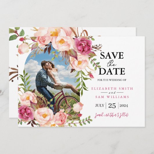 Romantic Floral Lijst Aangepaste foto Opslaan Datu Save The Date (Voorkant / Achterkant)
