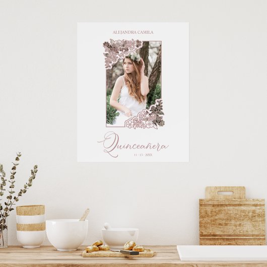 Romantic Floral Lijst Foto Quinceañera Spaans Poster (Keuken)