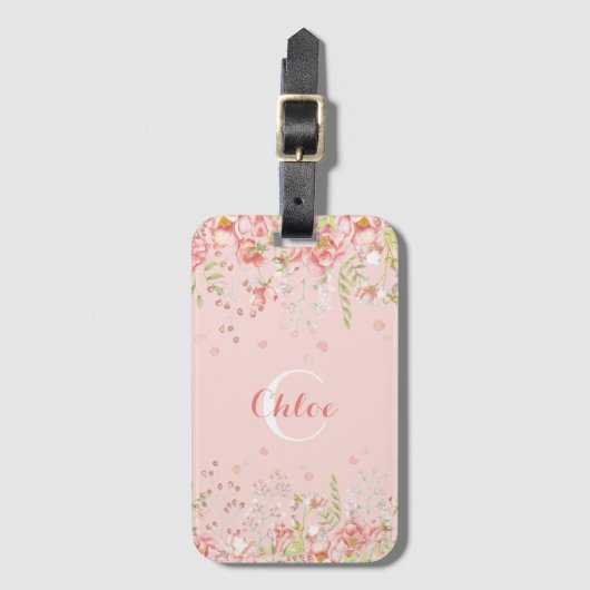 Romantic Floral Name Monogram Bagagelabel (Voorkant (verticaal))