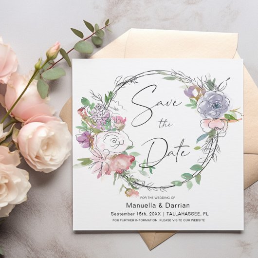 Romantic Floral Paars Pink Square Save the Date
