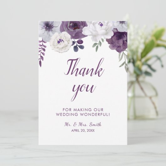 Romantic Floral Paars Silver Personalize Wedding Bedankkaart (Staand voorkant)