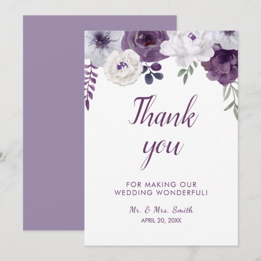 Romantic Floral Paars Silver Personalize Wedding Bedankkaart (Voorkant / Achterkant)