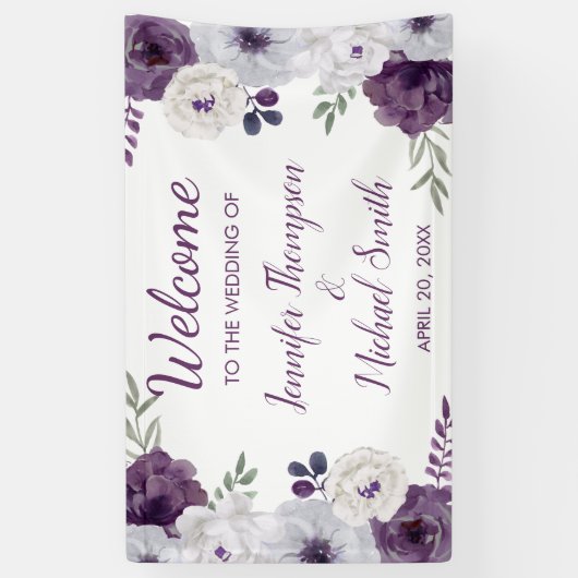 Romantic Floral Paars Silver Wedding Backdrop Spandoek (Verticaal)