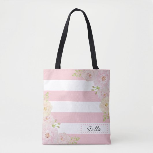 Romantic Floral Pink Stripes Canvas tassen (Voorkant)