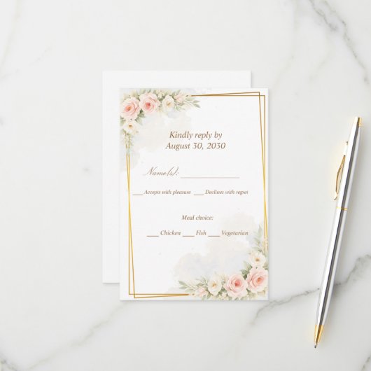 Romantic Floral RSVP Card Dusty Blush Peony Botani (Voorkant / Achterkant in situ)