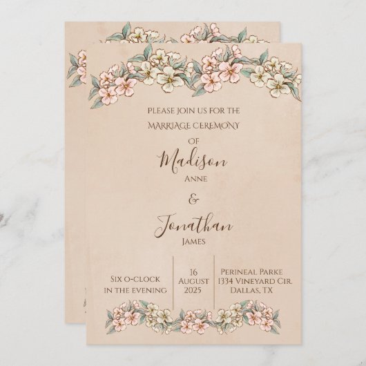Romantic Floral Script Hand Drawn  Wedding Kaart (Voorkant / Achterkant)