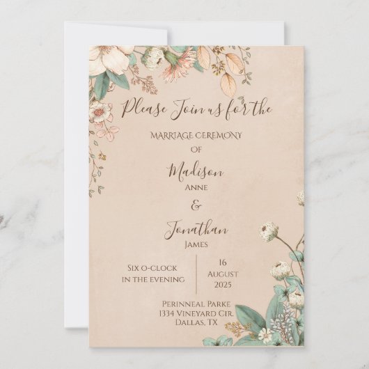 Romantic Floral Script Hand Drawn  Wedding Kaart (Voorkant)