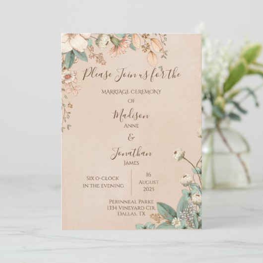 Romantic Floral Script Hand Drawn  Wedding Kaart (Staand voorkant)