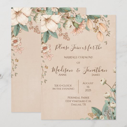 Romantic Floral Script Hand Drawn  Wedding Kaart (Voorkant / Achterkant)