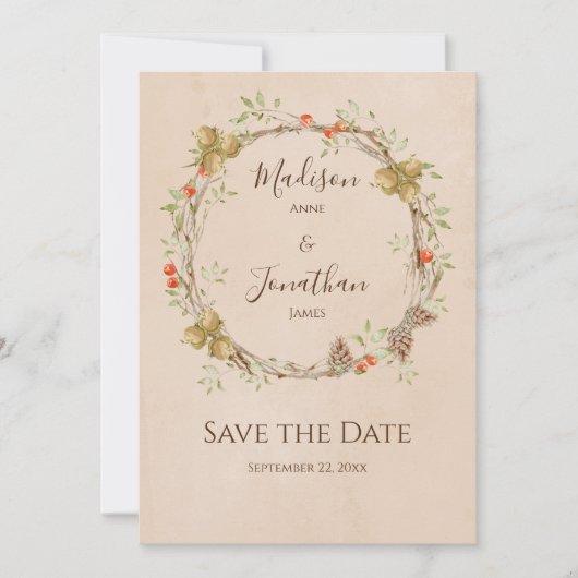 Romantic Floral Script Wreath Fall Wedding Save The Date (Voorkant)