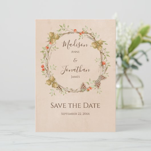Romantic Floral Script Wreath Fall Wedding Save The Date (Staand voorkant)