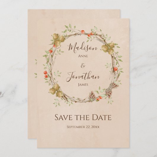 Romantic Floral Script Wreath Fall Wedding Save The Date (Voorkant / Achterkant)
