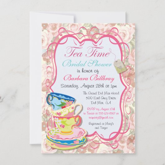 Romantic Floral Tea Party Invitation Kaart (Voorkant)
