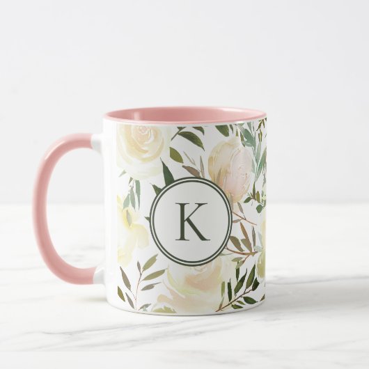 Romantic Floral Vanilla White Waterverf Monogram Mok (Links)