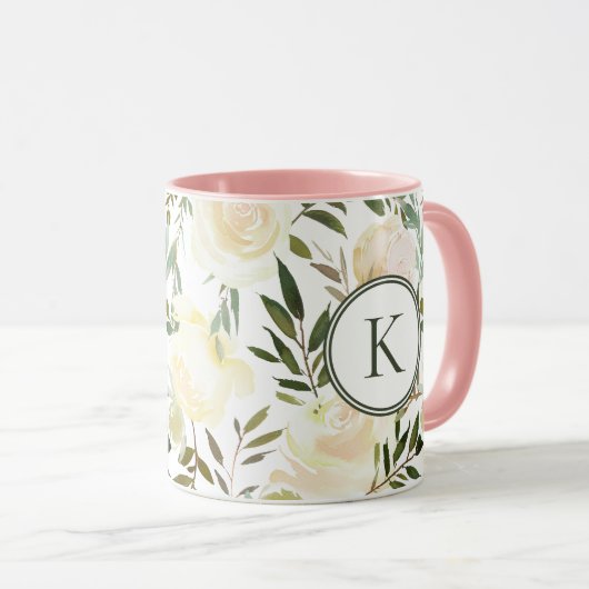 Romantic Floral Vanilla White Waterverf Monogram Mok (Voorkant rechts)