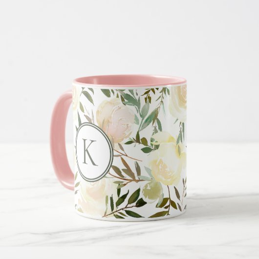 Romantic Floral Vanilla White Waterverf Monogram Mok (Voorkant links)