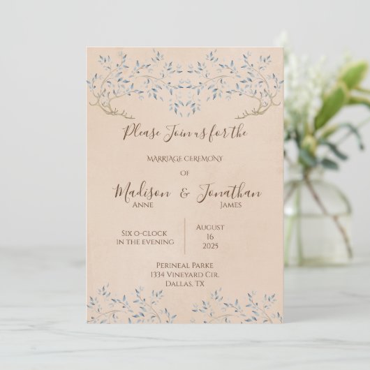 Romantic Floral Waterverf Blue Script Wedding Kaart (Staand voorkant)