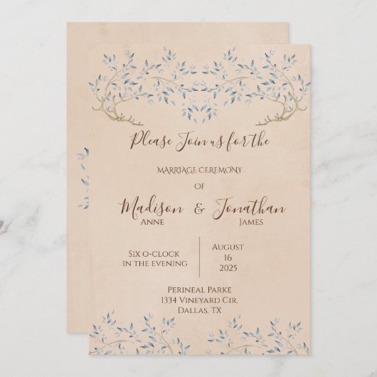 Romantic Floral Waterverf Blue Script Wedding Kaart (Voorkant / Achterkant)