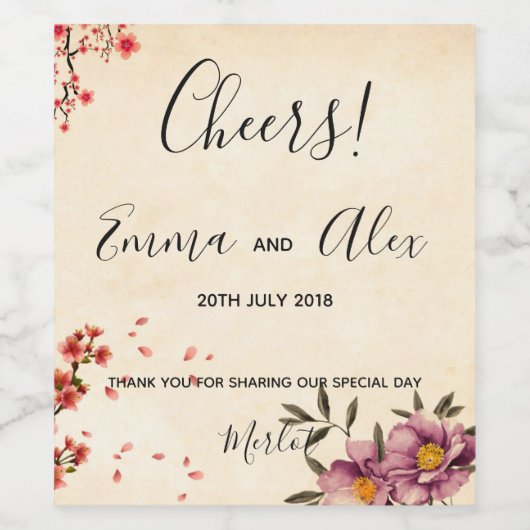 Romantic Floral Waterverf | Etiket wijnfles (Enkel label)