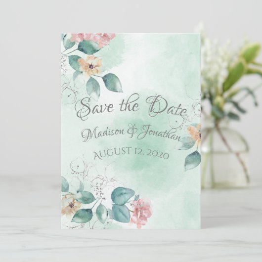 Romantic Floral Waterverf Script Save The Date (Staand voorkant)