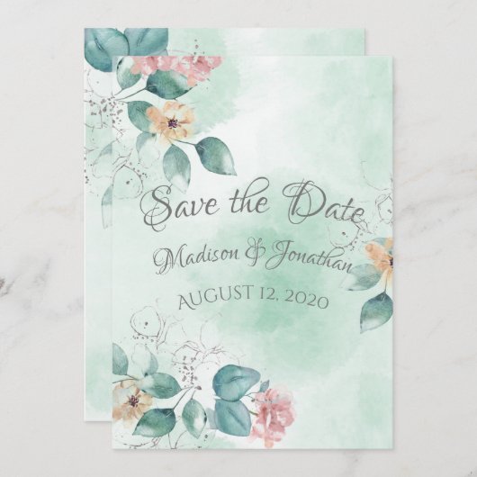 Romantic Floral Waterverf Script Save The Date (Voorkant / Achterkant)